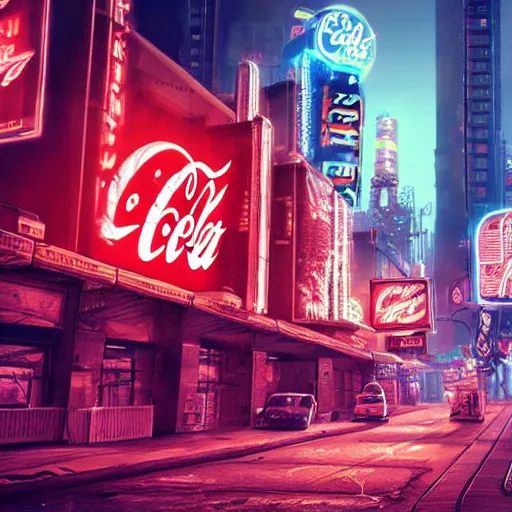 Image similar to a cyberpunk city with crazy neon coca - cola signs in an apocalyptic atmosphere, photorealistic, 4 k