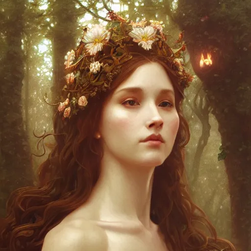 Image similar to portrait of forest goddess, intricate, elegant, highly detailed, digital painting, artstation, concept art, smooth, sharp focus, illustration, art by artgerm and greg rutkowski and alphonse mucha and william - adolphe bouguereau