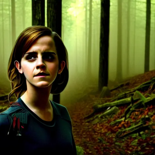 Image similar to emma watson, found footage, in woods, front light, blair witch