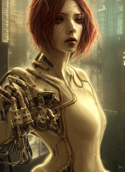 Image similar to soft lustrous hard tech ivory biotech raver gutter punk cyborg bioweapon, golden ratio, details, sci - fi, dark fantasy, cyberpunk, intricate, decadent, ornate, highly detailed, digital painting, octane render, 8 k, artstation, concept art, smooth, sharp focus, illustration, art by artgerm, loish, wlop