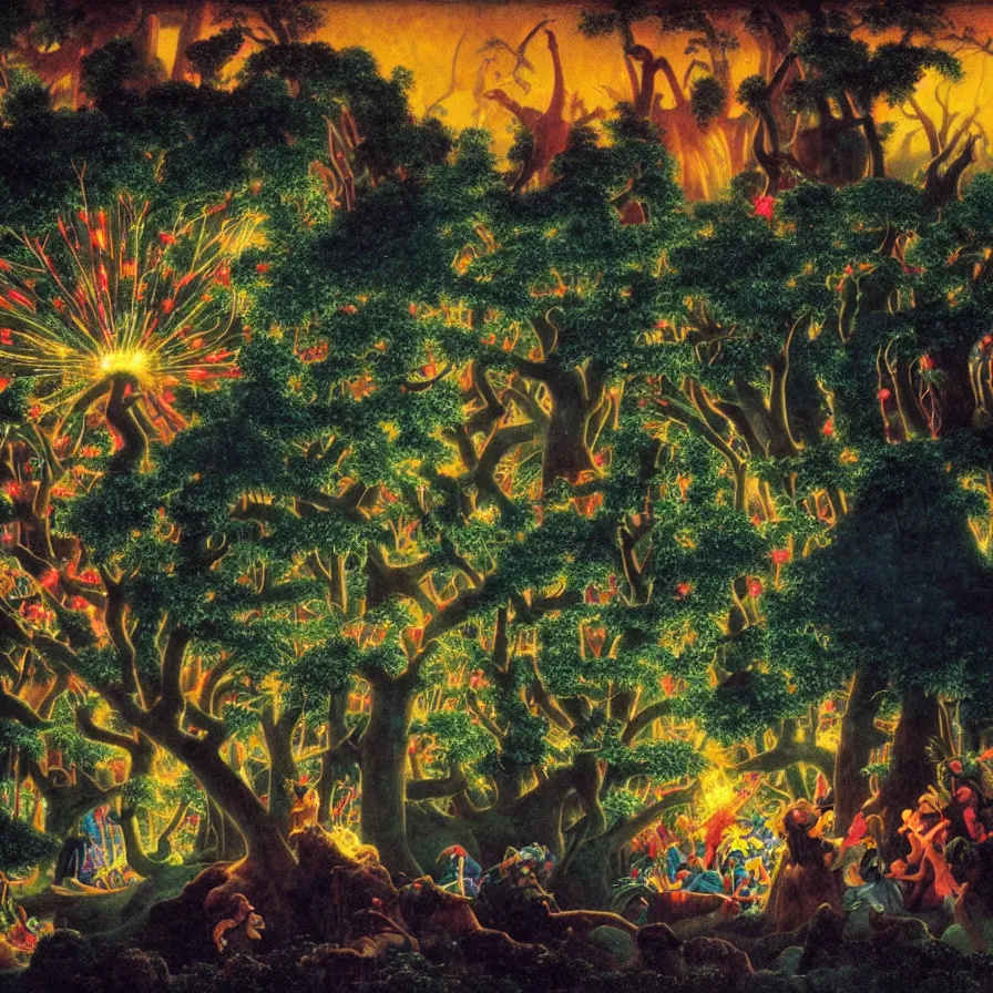 Image similar to closeup of a night carnival inside a tree cavity in a magical forest in the middle of a summer storm, with a music scenario with many fireworks and christmas lights, volumetric lightning, instense god rays in the sky, folklore people disguised with fantastic creatures in a magical forest by summer night, masterpiece painted by maxfield parrish, very coherent and colorful high contrast masterpiece,