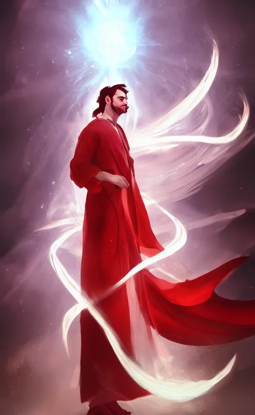 Image similar to man with long red robe over a white shirt magic wand raised high, facing camera, swirling magical energy, magic realism, artwork by chengwei pan, trending on artstation