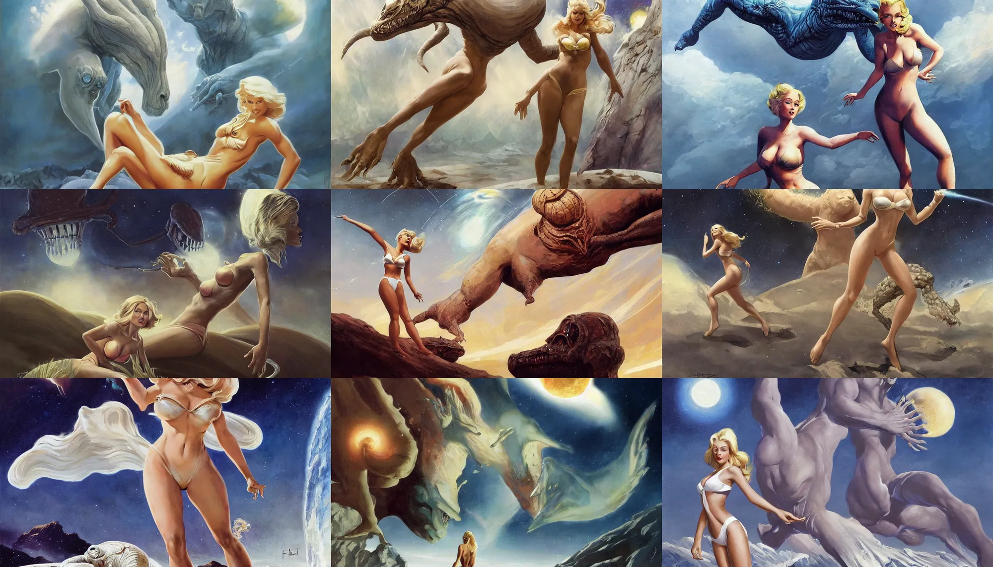 Image similar to a mixed media painting of one very beautiful blonde woman fleeing from a distant colossus creature on an alien world, elegant, aesthetic!!! symmetrical face and eyes, sixties pinup, photorealistic, curvy by frank frazetta, greg rutkowski, boris vallejo, donato giancola, christian macnevin, white bikini