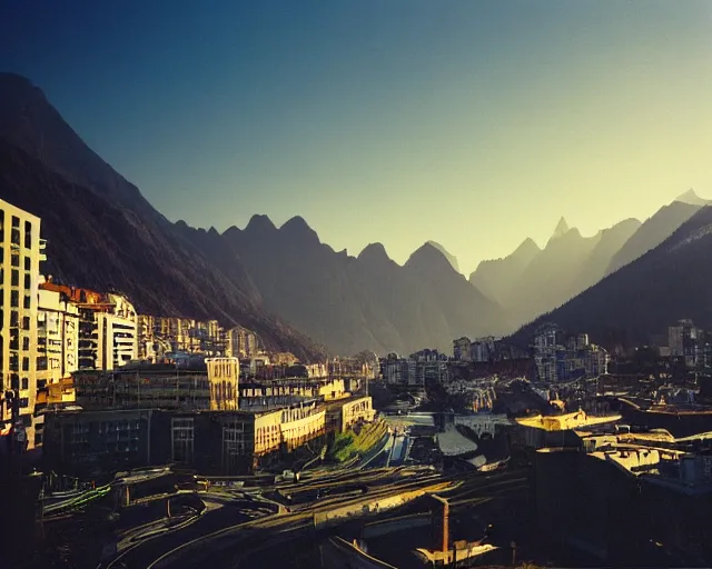 Prompt: calm and soft city view with boke, mountains in a city, fantasy world, magic perspective photo, calm lighting, soft world, pleasant, kodak portra 8 0 0