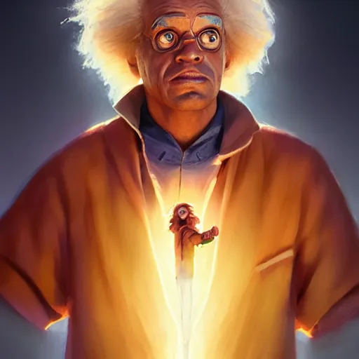 Image similar to portrait of doc brown!!!! riding!!!!!!!!!!!!!! on ( ( ( ( lion king ) ) ) ), disney animation, sharp, illustration, sharp, fanart, anime key art by greg rutkowski, bloom, dramatic lighting sharp focus, cinematic, artbook, smooth, centered