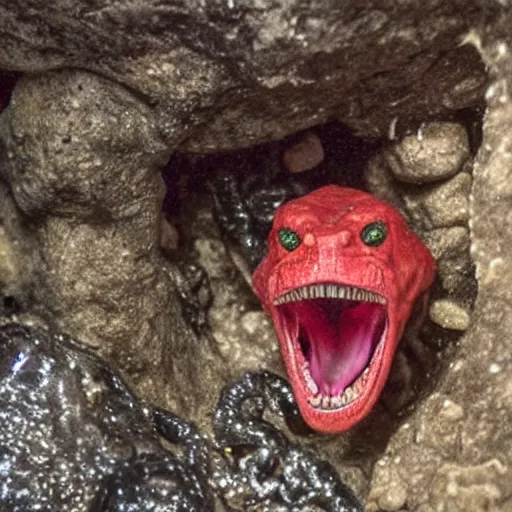 Prompt: photo inside a cavern of a wet reptilian humanoid putin with red eyes, open mouth with big teeth, partially hidden behind a rock with some blingblings