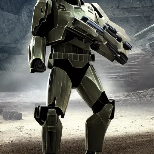 Image similar to Master Chief in a set of Star Wars, highly detailed, high quality, HD, 4k, 8k, Canon 300mm, professional photographer, 40mp, lifelike, top-rated, award winning, realistic, sharp, no blur, edited, corrected, trending