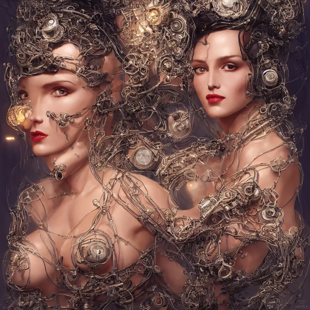 Image similar to very seductive woman integrating with technology, full face, insipiring, detailed intricate ornate cables connected to head, big open electric eyes, luxurious detailed abundent wiring and implants, diamonds, sci-fi, neon, emeralds, detailed technology full background, highly detailed, artstation, Rene Lalique and Eddie Mendoza and Gil Elvgren