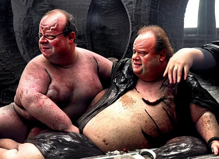 Image similar to François Hollande as baron harkonnen in a black oil bath in a still from the film Dune (2021)