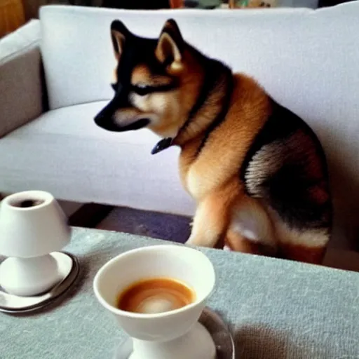 Prompt: a Shiba inu drinking coffee like a gentleman, realistic