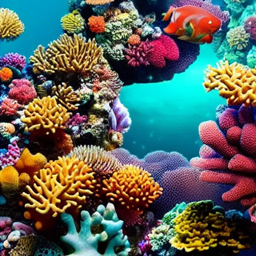 Image similar to A hyper realistic photo of a coral reef underwater. Bright colors, hyper detailed, 8k.