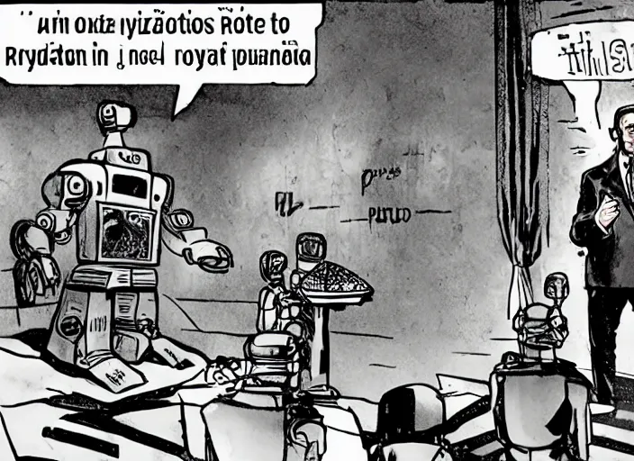 Image similar to dystopian art, a pizza slice robot dictator delivering a propaganda speech to human robots