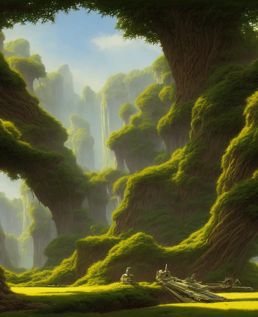 Image similar to reclaimed by nature by ralph mcquarrie, wallpaper, highly detailed, trending on artstation.