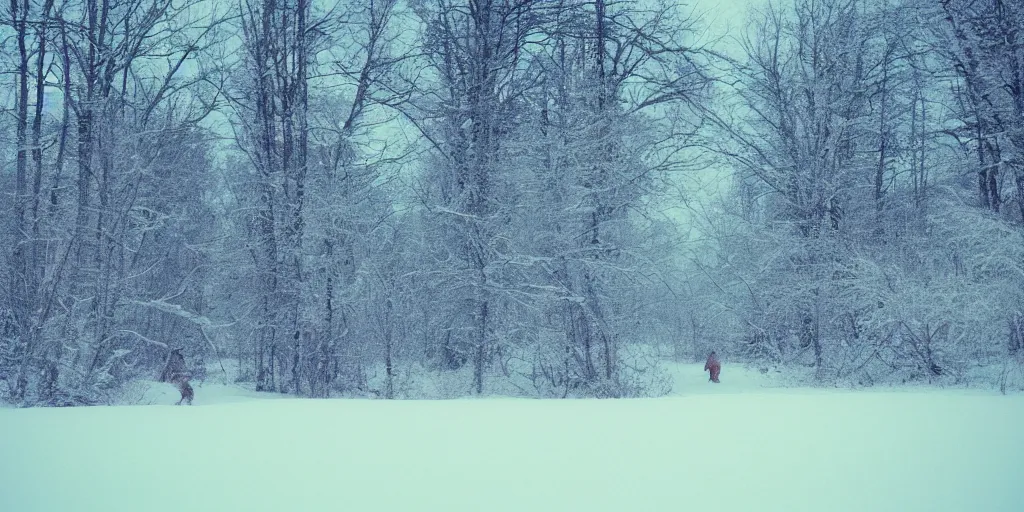 Image similar to photo, bigfoot faintly appears in the distance, barely able to be seen. cold color temperature, snow storm. hazy atmosphere. humidity haze. kodak ektachrome, greenish expired film, award winning, low contrast