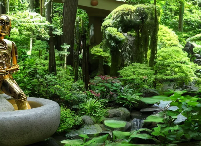 Prompt: C-3PO sitting in a lush japanese garden, C-3PO is holding an ar-15, waterfall, bright sun, still from star wars, shot on film, depth of field, nature show, incredible detail, dramatic lighting