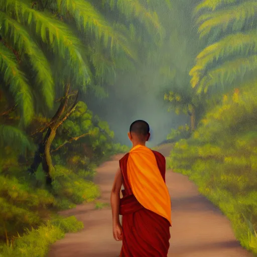 Prompt: fuzzy painting of a young buddhist monk walking down a narrow road in jungle early morning
