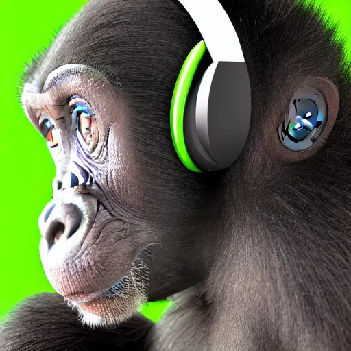 Image similar to a high quality photo of a green chimp wearing headphones, realism, 8k