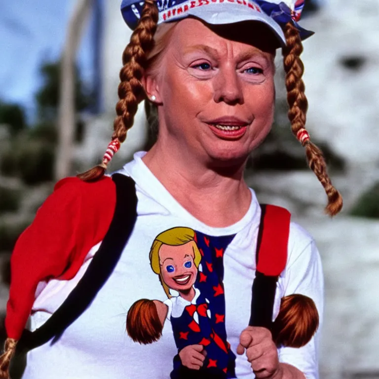 Prompt: portrait of donald trump as pippi longstocking wearing a hilary clinton shirt, from the movie pippi longstocking