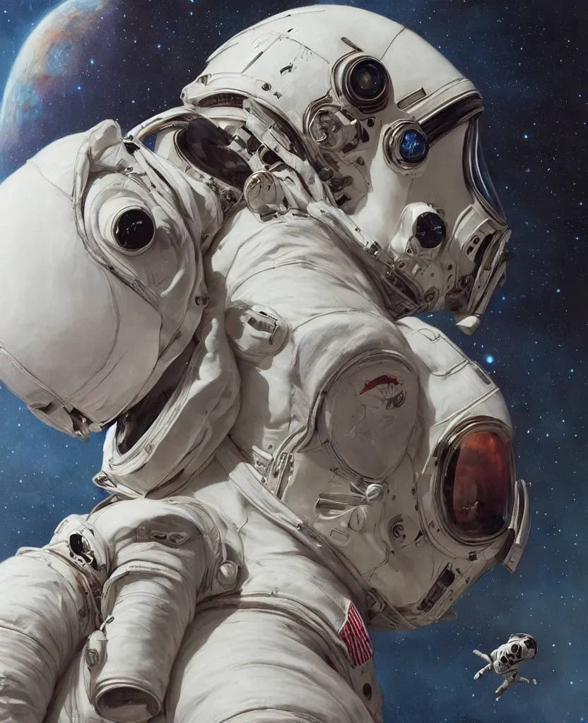 Image similar to realistic photography of an alive deformed, double headed astronaut wearing torn space suits, scared face behind the snoopy cap, deep focus, intricate, elegant, highly detailed, foggy, misterious, digital painting, artstation, concept art, matte, sharp focus, art by artgerm and greg rutkowski and alphonse mucha