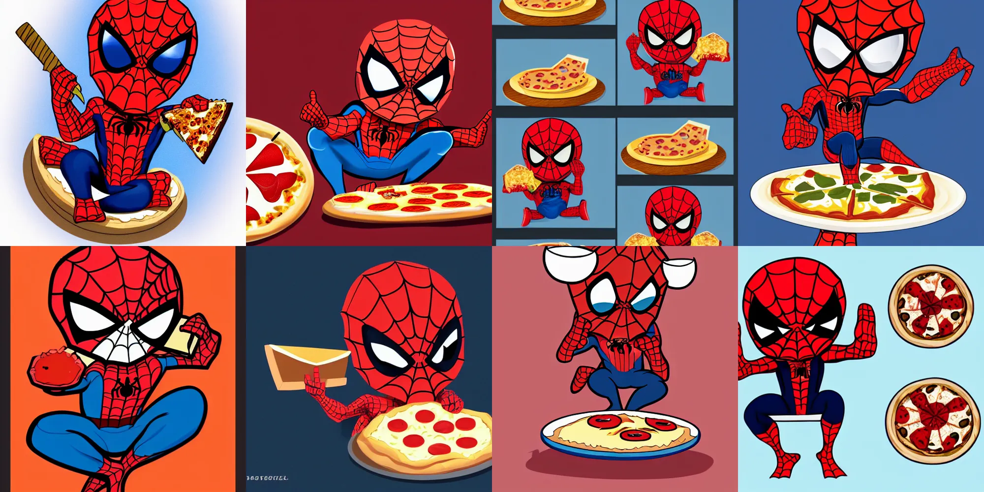 Prompt: digital illustration of cute chibi spiderman eating pizza, trending in artstation