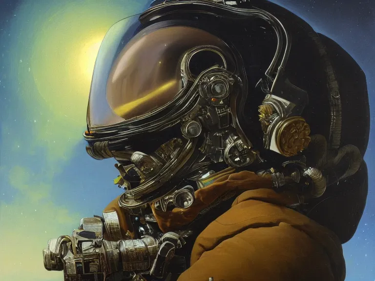 Image similar to a detailed profile oil painting of an explorer in a spacesuit with reflective helmet, flight suit, portrait symmetrical and science fiction theme with aurora lighting by beksinski carl spitzweg and tuomas korpi. baroque elements, full-length view. baroque element. intricate artwork by caravaggio. Trending on artstation. 8k