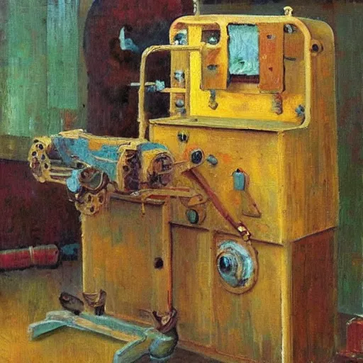 Image similar to an impressionistic painting of a wooden machine that is unrecognizable and hard to understand