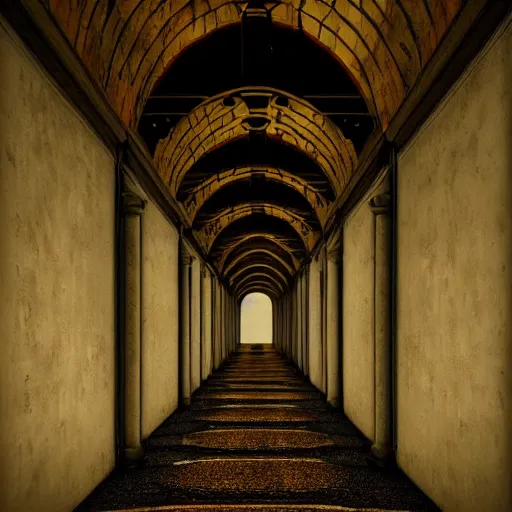 Image similar to a long shadowy asylum hallway at night, arched ceiling, one point perspective, vanishing point, symmetrical composition, rich colors, dramatic lighting, by lee madgwick, photorealistic, v - ray render 8 k uhd