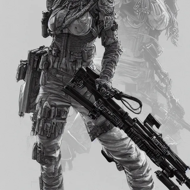 Image similar to the portrait of lawful neutral female futuristic infantry sniper as absurdly beautiful, gorgeous, elegant, young gravure idol, an ultrafine hyperdetailed illustration by kim jung gi, irakli nadar, intricate linework, bright colors, octopath traveler, final fantasy, unreal engine 5 highly rendered, global illumination, radiant light, detailed and intricate environment