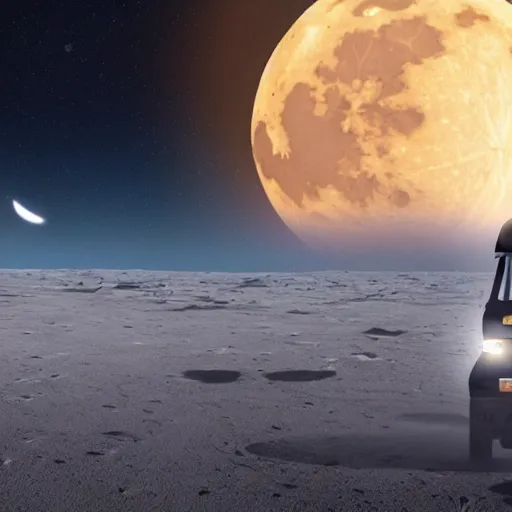 Image similar to a dark auto rickshaw traveling on the surface of the moon, moon craters, night sky, milky way, hard lighting, matte painting, concept art, 4k