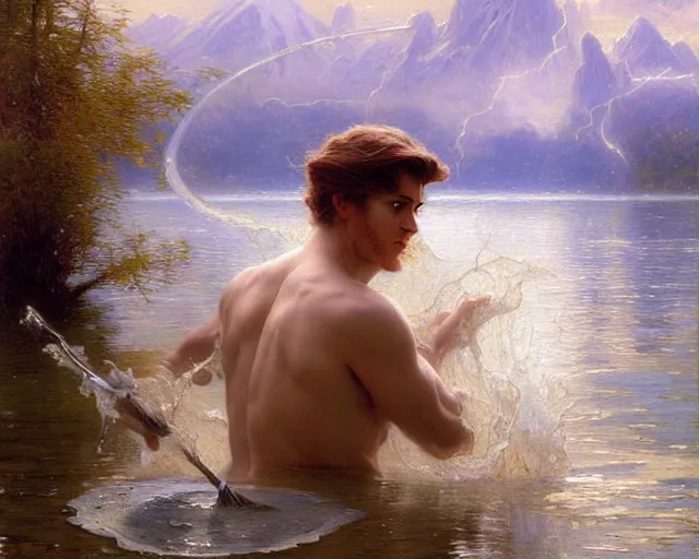 Image similar to attractive male wizard casting powerful tsunami wave water spell in a beautiful lake. highly detailed painting by gaston bussiere, craig mullins, j. c. leyendecker 8 k