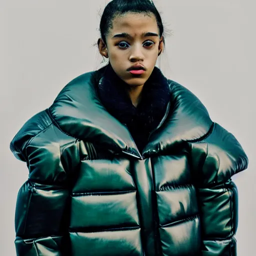 Image similar to realistic! photoshoot for a new balenciaga lookbook, color film photography, portrait of a beautiful woman wearing a puffer jacket, photo in style of tyler mitchell, fisheye lens