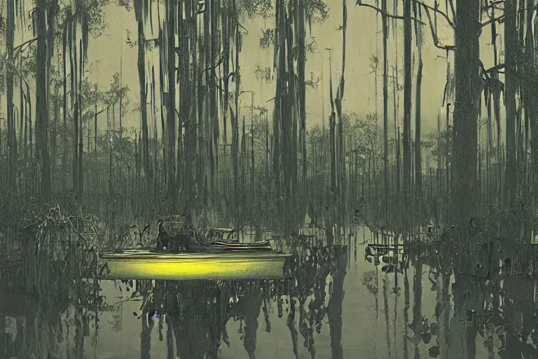 Image similar to scene from louisiana swamps, airboat, neon farm, big oak, pentagram, boy scout troop, voodoo artwork by tim eitel