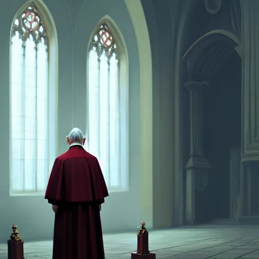 Image similar to pope benedict xvi standing in a curch, digital painting, greg rutkowski, artstation, cinematic, matte painting