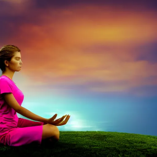 Image similar to real photo, a beautiful lady is meditating and hoping for a better future. close - up, beautiful sky, volumetric lighting, sharp focus, ultra detailed, - w 1 0 2 4 - n 8 - i