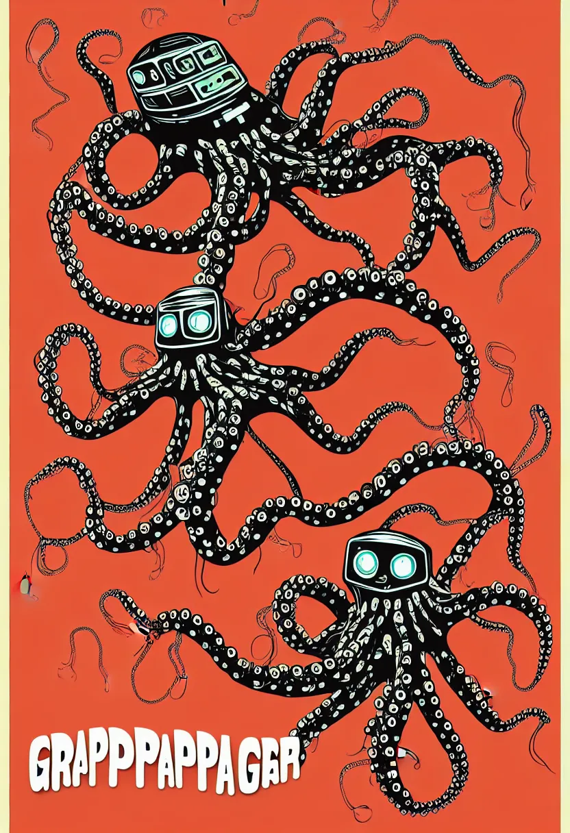 Image similar to concert poster for 'Grandpa Finger', dying robot octopus, vector art, 8k, highly detailed illustration