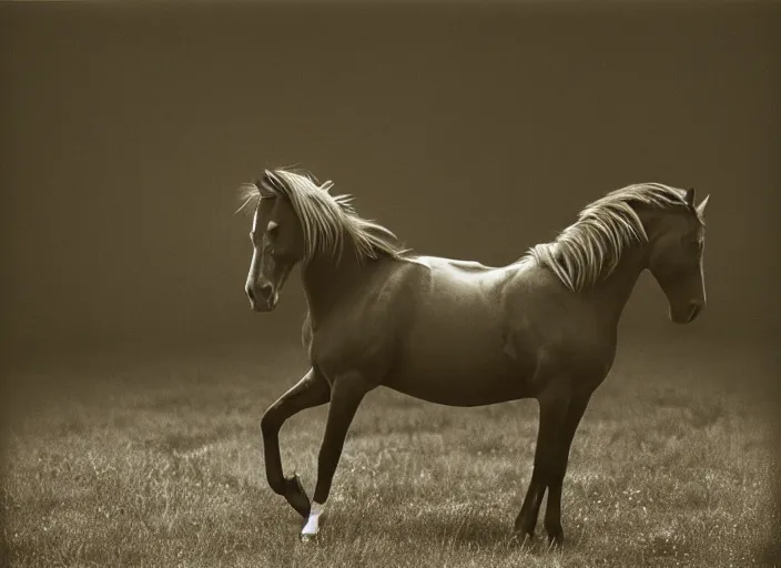 Image similar to an underexposed kodak 500 photograph of morphed north horse, muted color