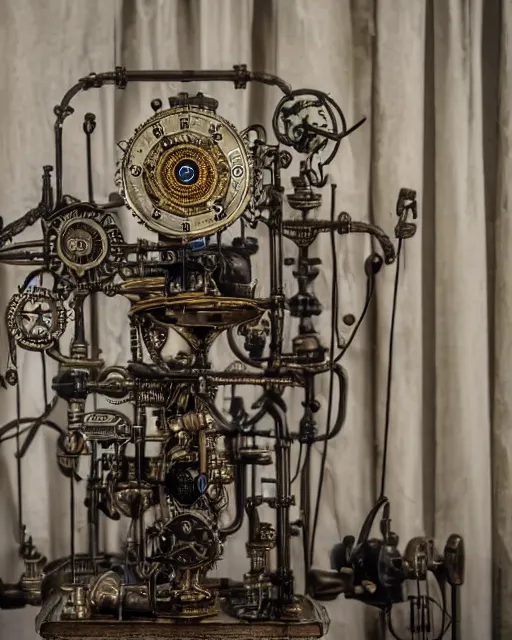 Prompt: highly detailed steampunk eye machine in a victorian lab with white curtains