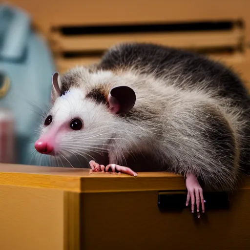 Prompt: anthropomorphic opossum wearing human clothes, laying dead on its back on a coroner's table in a morgue, bright florescent lighting, scientific and medical equipment in the background, zoomed out, movie still, photograph, 4k