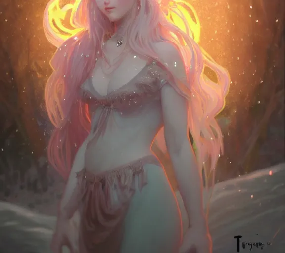 Image similar to beautiful ancient pastel frost witch, fire in eye, snow glow, pool party, highly detailed, digital painting, artstation, sharp focus, illustration, art by tan zi and ayanamikodon and alphonse mucha and wlop!!