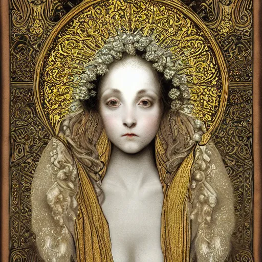 Prompt: a beautiful girl made of ivory and gold, highly intricate, digital art, very detailed, in the style of a weird and dark art noveau flemish painting, by gustave doré