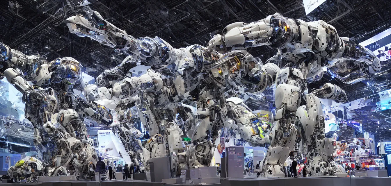 Prompt: A view of the world biggest exhibition of futuristic robots, space full of interesting incredible mechanisms and mechs, photorealistic image, lighting from spotlights, reflections, refractions, new physics, wow atmosphere