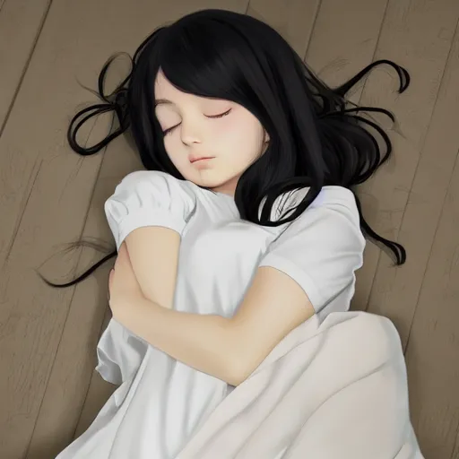 Image similar to little girl with an long black hair dressed in a simple white dress sleeping, anime art style, digital art ilya kuvshinov, inspired by balthus, hd, 4 k, hyper detailed, top view, dark