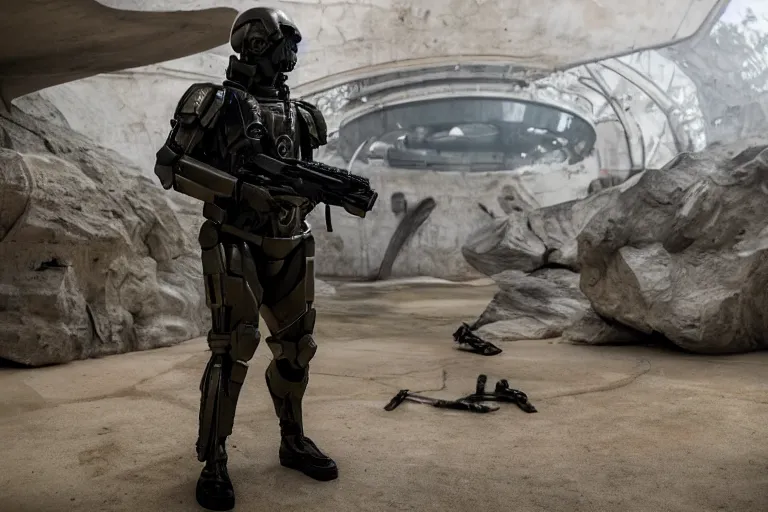 Image similar to vfx movie, sci - fi super soldier in worn military futuristic armor, posing with futuristic rifle in alien technology temple, by emmanuel lubezki