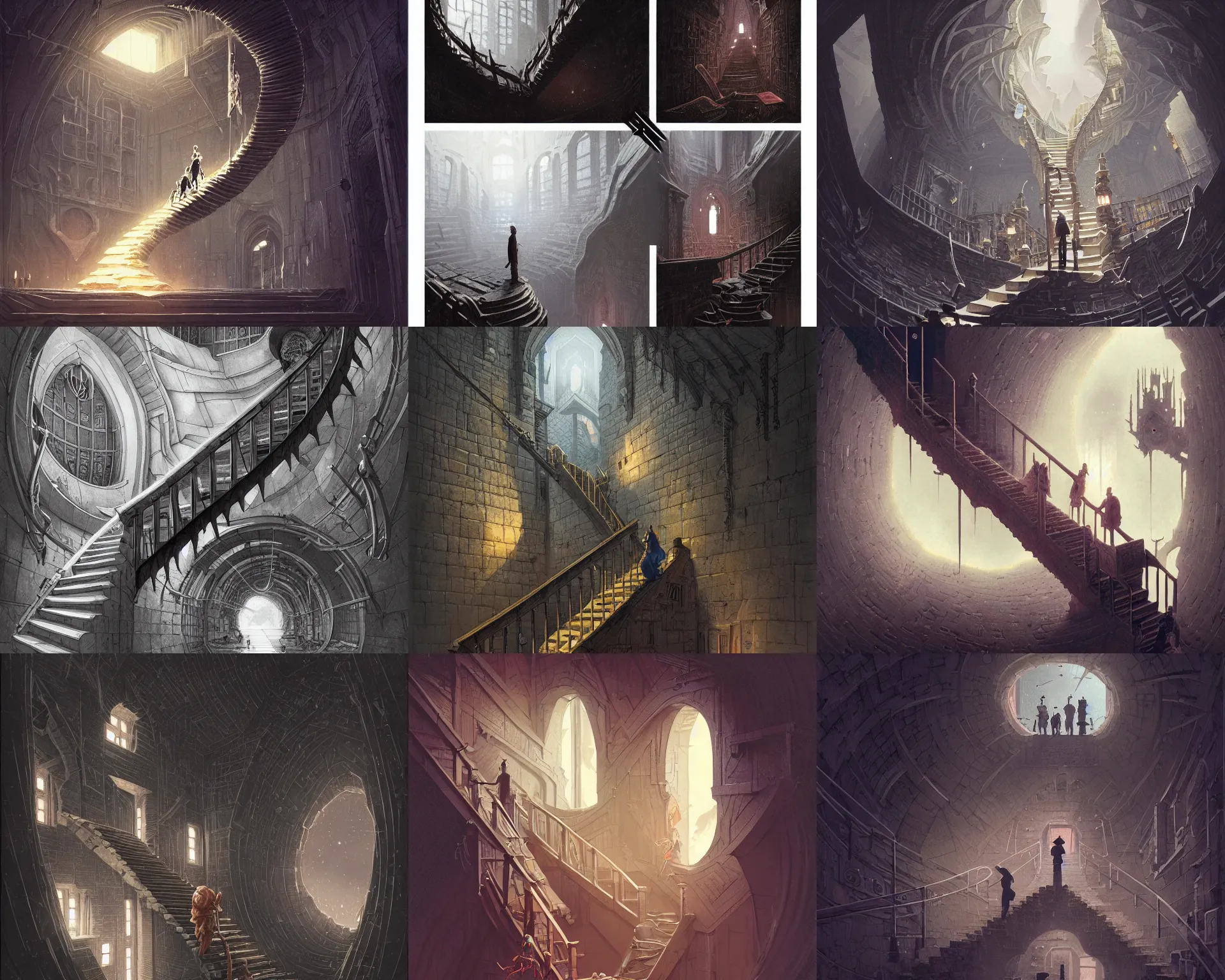 Prompt: escher dungeon journeying to the stars by a staircase fishing for knowledge, magnificent, close up, details, sharp focus, elegant, highly detailed, illustration, by Jordan Grimmer and greg rutkowski and PiNe(パイネ) and 薯子Imoko and 香川悠作 and wlop and maya takamura, intricate, beautiful, Trending artstation, pixiv, digital Art
