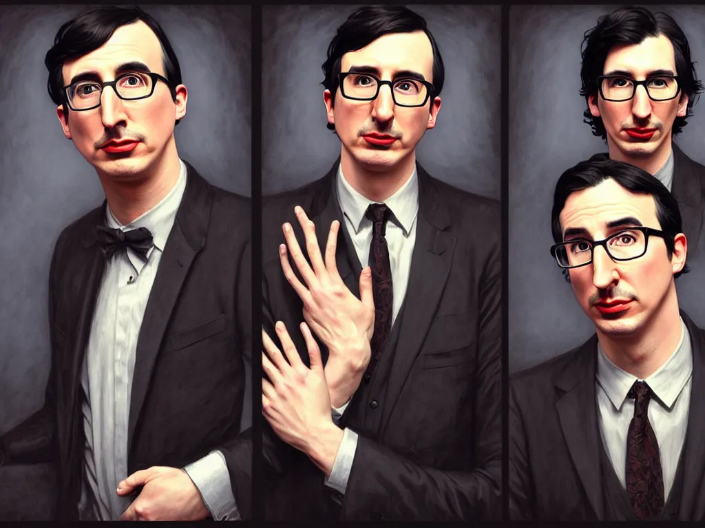 Image similar to photo booth, painting of both john oliver and adam driver together, john oliver in front, full body, elegant, beautiful, highly detailed, centered, dark, smokey, digital painting, concept art, smooth, sharp focus, illustration, deviant art, art by artgerm, art by greg rutkowski, art by alphonse mucha