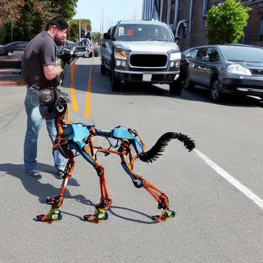 Prompt: boston dynamics spot chasing a car