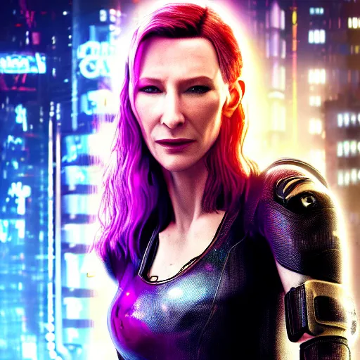 Image similar to cate blanchett portrait, cyberpunk 2 0 7 7, cyberpunk judy alvarez, photorealistic, ultra detailed, neon, octane, bokeh, cinematic lighting, cyber, cyberpunk city, studio quality, feature, scars, cyberface, 8 k