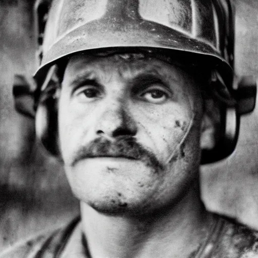 Image similar to portrait of coal mine worker by Diane Arbus, 50mm, bokeh