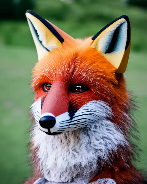 Prompt: portrait photo headshot still of a fursuit, fox, 8 k, 8 5 mm f 1. 8, fursuit