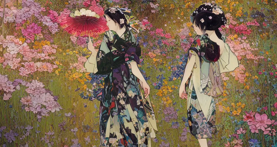 Prompt: oil painting, long shot, beautiful floralpunk japanese girl illustration walking in a park, detailed patterns art of japan traditional dress, flower pop art, floral splash painting, art by ashley wood, alphonse mucha, makoto shinkai, geof darrow, dark shadow